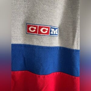 CCM Hockey Men's XL Gray Polo Shirt with Red and Blue Stripes Zip neckline